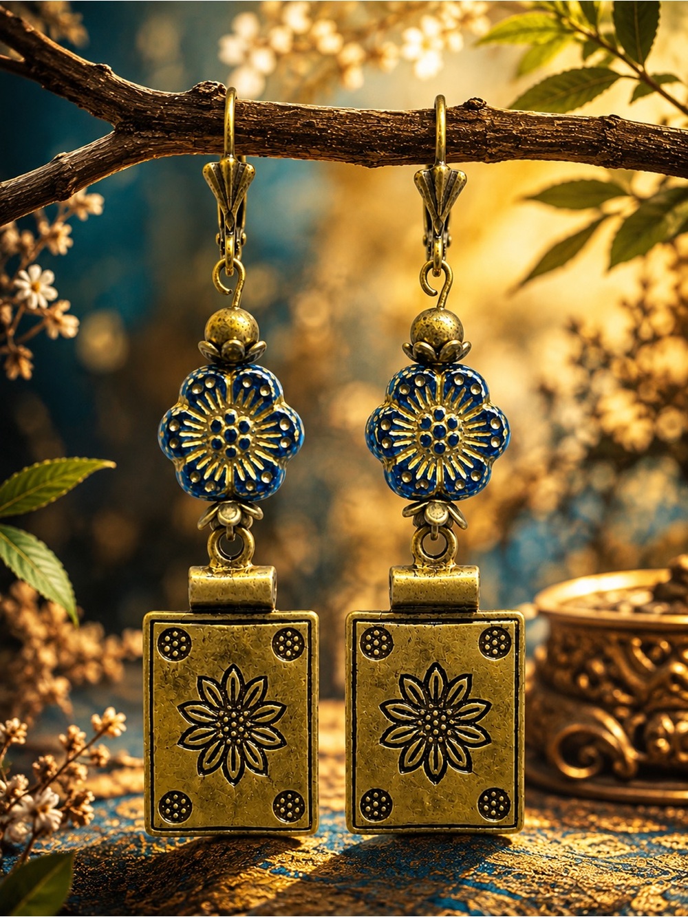 Blue Czech Glass Flower Earrings Antique Brass Floral Dangles